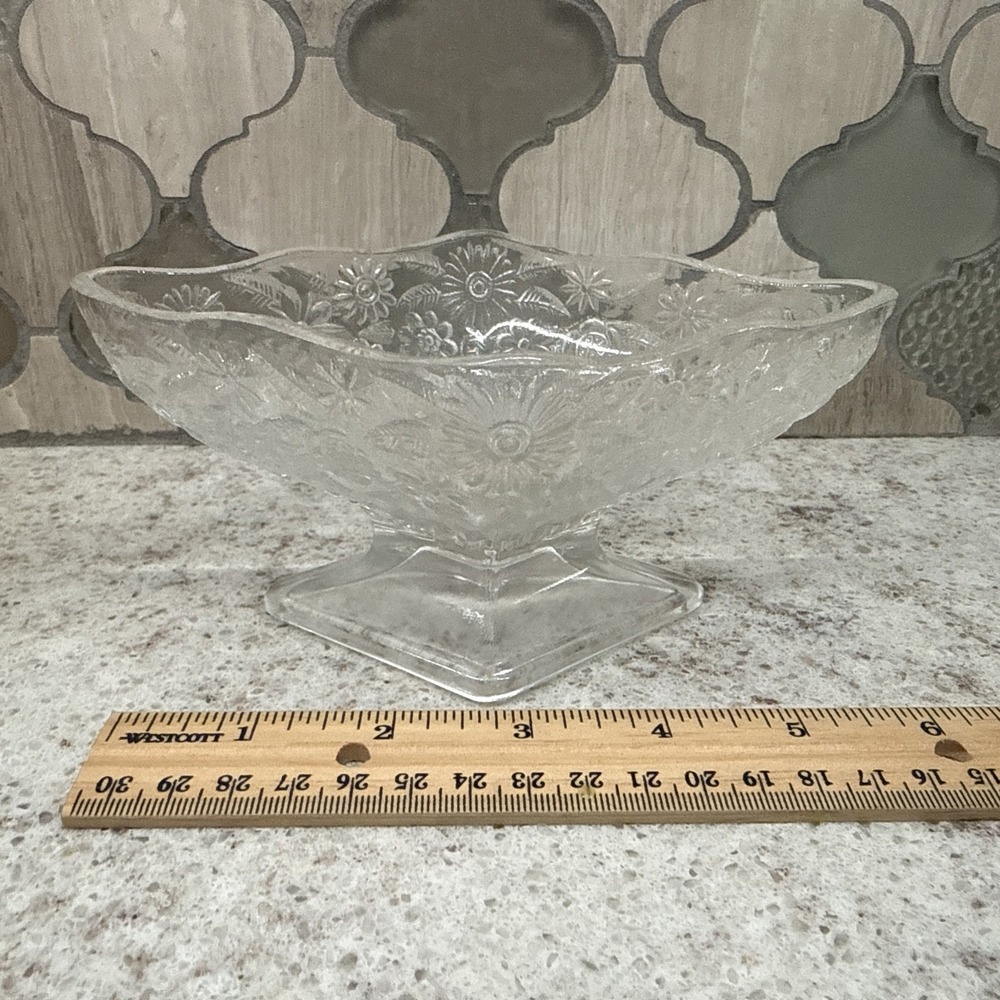 Vintage Indiana Glass Footed Candy Dish Diamond Shaped Pineapple And Floral